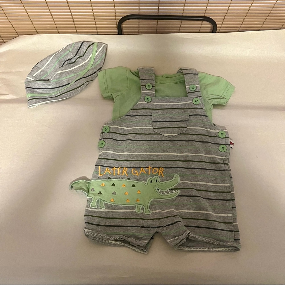 Dapper Dude Green and Gray Striped Shortall Overalls 3 PC Set